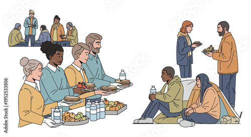 Community volunteers serve food to homeless people at outdoor charity event