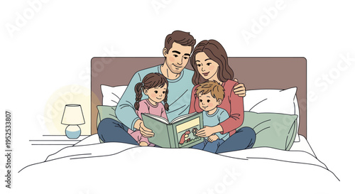 Family reading bedtime story in bed, parents with two children cozy evening