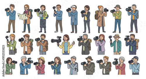 Diverse Group of Pixel Art Photographers and Videographers with Cameras