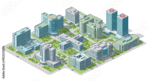 Modern Cityscape Isometric View with Buildings, Parks and Helipads