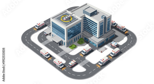 Modern hospital building with helipad and multiple ambulances on road, emergency medical services illustration