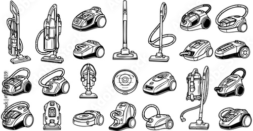 Black and White Line Art Icon Set of Various Household Vacuum Cleaners. Collection of Cleaning Appliance Outlines for Domestic Use.