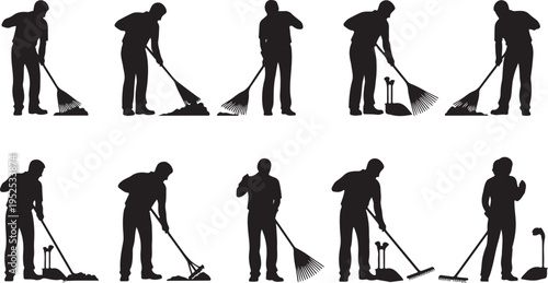 Silhouette of man cleaning with various broom poses shown