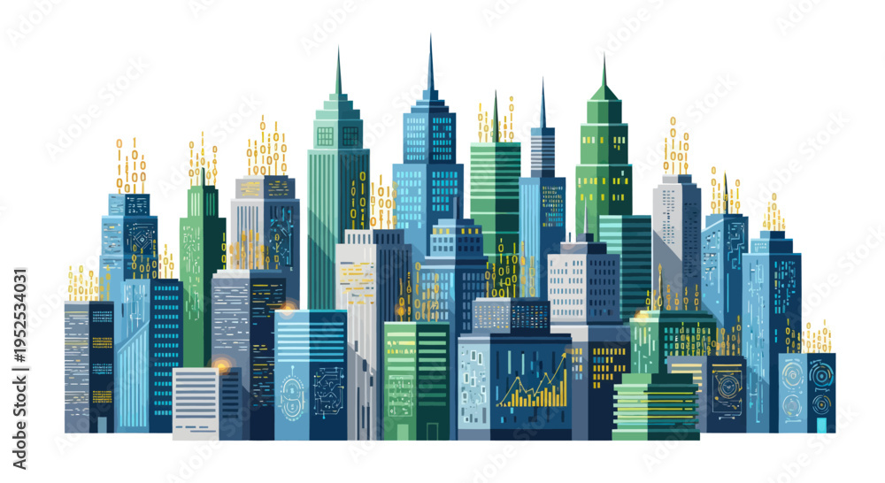 Fototapeta premium Digital Cityscape with Binary Data Streams and Futuristic Architecture