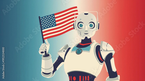 human robot holding american flag vector illustration