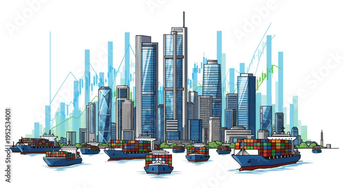 Global Trade Shipping Containers in Modern City Skyline with Financial Charts