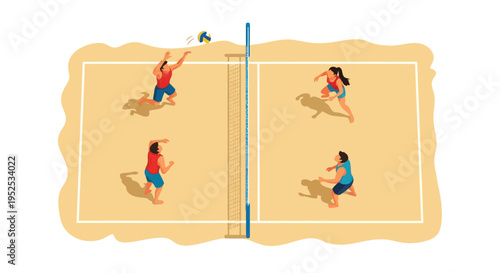 Beach Volleyball Game: Four Players Competing on Sandy Court with Net