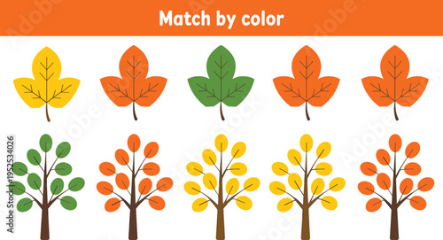 Educational match by color game for children featuring autumn trees and leaves in yellow green and orange vector illustration