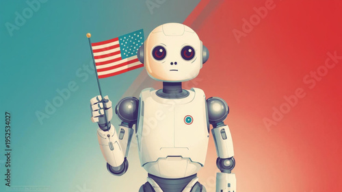 human robot holding american flag vector illustration
