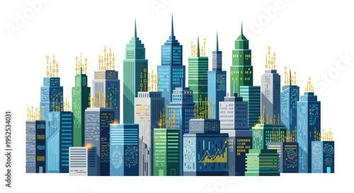 Digital Cityscape with Binary Data Streams and Futuristic Architecture