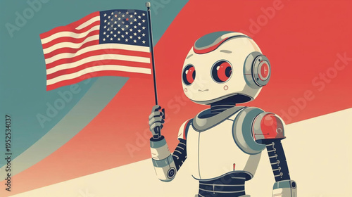 human robot holding american flag vector illustration