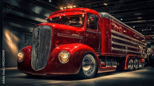 Vintage Red Semi Truck in Warehouse.