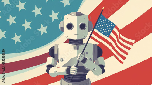 human robot holding american flag vector illustration