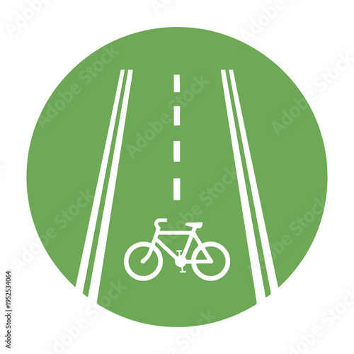 Bicycle symbol on green road background with white lane markings and bicycle illustration in minimalist style