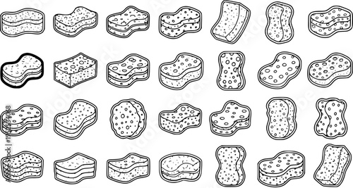 Hand Drawn Black and White Line Art Doodle Collection of Cleaning Sponges for Household and Hygiene Tasks