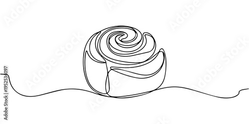 cinnamon bun continuous one line drawing, Cinnabon bun one line art. Continuous line drawing of poppy seed roll, cake, butter roll, Cinnabon bun one line art. Continuous line drawing of cake, butter