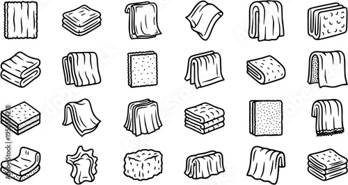 Household Cleaning and Laundry Line Art Icons. Black and White Outline Glyphs of Towels, Sponges, Cloths, and Fabric. Home and Hygiene Collection.