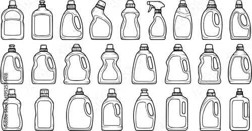 Household Cleaning Product Bottles, Detergent and Liquid Soap Containers. Hand Drawn Black and White Line Art Vector Set for Home Care Chemical Packaging and Icons.