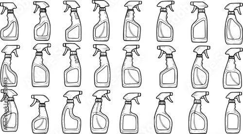 Hand-Drawn Black and White Line Art Set of Household Cleaning Spray Bottles for Disinfection and Hygiene Products