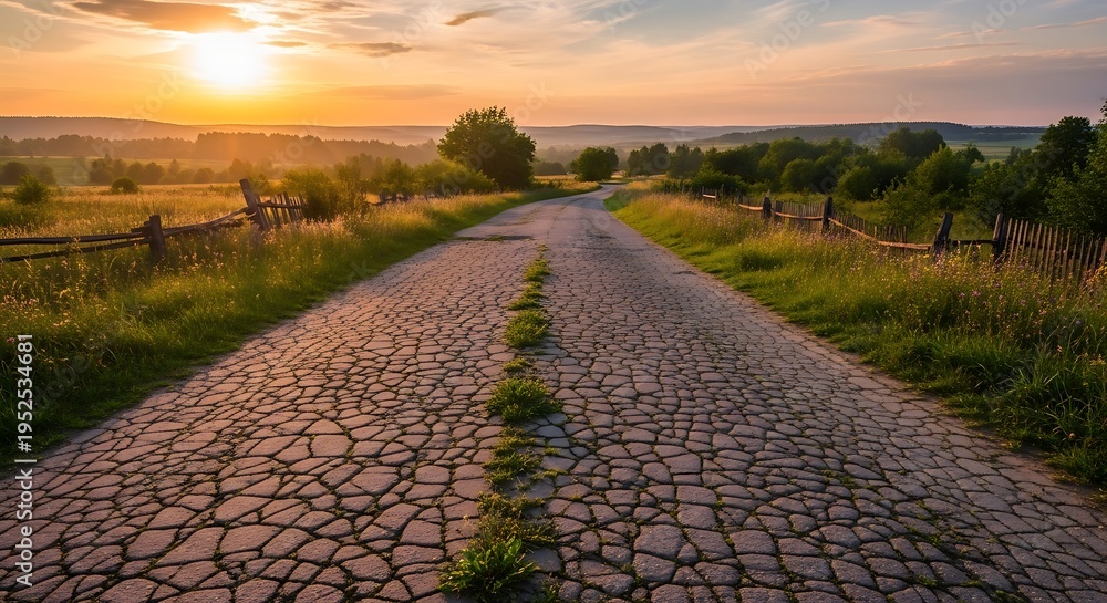 Obraz premium Old village road with uneven cracked pavement, warm sunset lighting, rural landscape background highlighting aging infrastructure and peaceful countryside atmosphere.