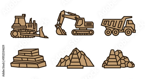 Heavy Machinery and Construction Materials Icons.