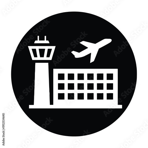 Minimalist black and white illustration of a sleek aircraft ascending above a modern airport control tower and terminal building under a clean bold graphic style for travel and aviation branding