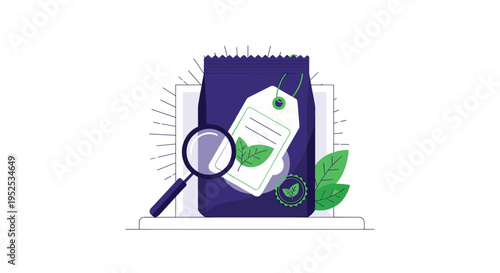 A magnifying glass inspects a green leaf-shaped tag on a dark purple eco-friendly product bag.