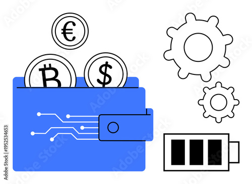 Cryptocurrency, blockchain, fintech, digital payments, tech innovation, money storage. Blue wallet with Bitcoin Euro Dollar coins and circuit lines. Cryptocurrency and blockchain finance concept