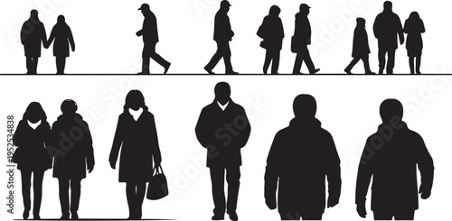 Silhouettes of people walking in various poses and directions