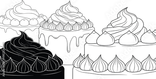 Hand Drawn Cake and Dessert Collection with Cream Toppings, Frosted Layers and Bakery Sweets Outline Illustration Set