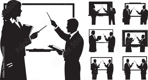 Businesspeople discussing presentation in office setting with whiteboard