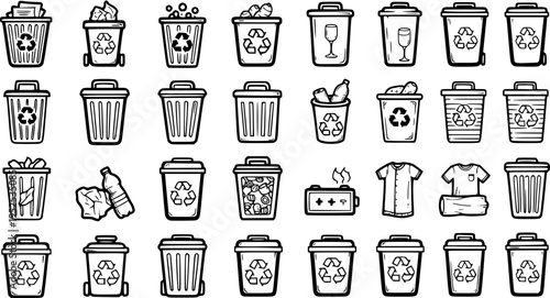 Environmental Recycling and Waste Management Icons Set - Black  White Line Art Collection of Trash Cans and Bins