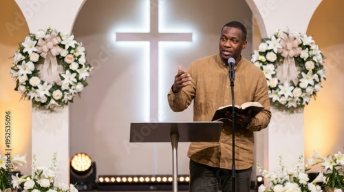 African american preacher delivering sermon during Easter service in church. Religious man speaking at podium with Bible. Christian worship ceremony and pastor sermon for celebration.
