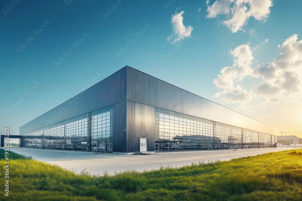 Obraz premium Modern warehouse building with glass facade at sunset