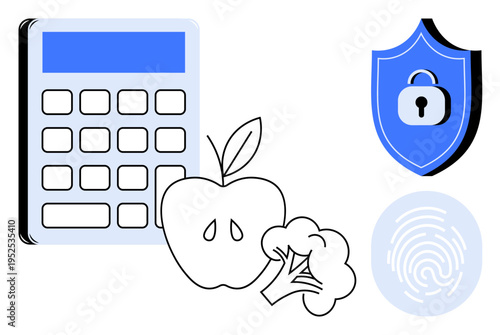 Security, technology, nutrition, meal planning, access control, and data protection. Calculator, shield with padlock fingerprint apple and broccoli. Security and technology integrated