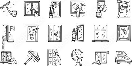 Window Cleaning Icons: Squeegee, Spray Bottle, Ladder, Car, Line Art