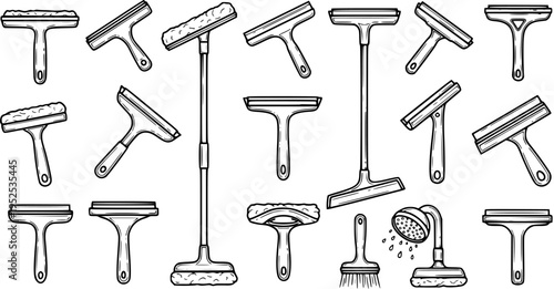 Black and White Line Art Collection of Window Squeegees and Cleaning Tools