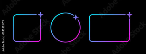AI gradient rectangle and circle frame. Artificial intelligence neon border with star. Technology box with blue and pink gradient. Neural network bar. Vector illustration isolated on black background.