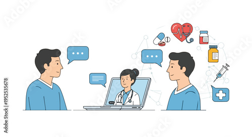 Telemedicine Online Doctor Consultation with Patients via Laptop and Medical Icons isolated PNG with Transparent Background