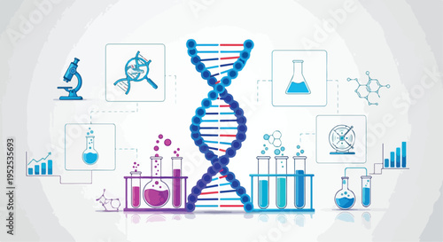 DNA Helix with Laboratory Equipment and Scientific Icons Flat Illustration for Science Research isolated PNG with Transparent Background