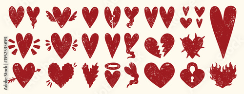 Grunge textured hearts in bold aggressive romantic style, hand drawn distressed red or pink love symbols