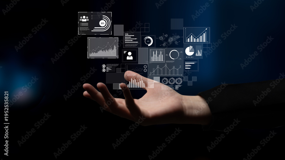Fototapeta premium Data insights, charts, and analytics help visualize performance. Data drives strategy, analytics enhances growth, and data improves business outcomes through analytics. Latch