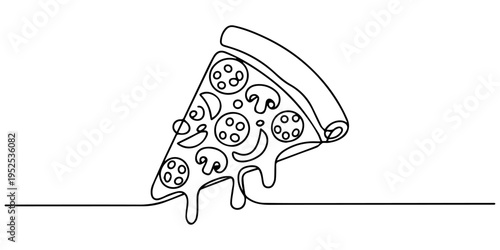 pizza continuous one line drawing, One line Drawing or illustration of slice of pizza with pepperoni and mushrooms, Continuous one line drawing of pizza slice, One line drawing illustration