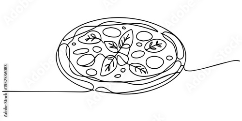 pizza continuous one line drawing, One line Drawing or illustration of slice of pizza with pepperoni and mushrooms, Continuous one line drawing of pizza slice, One line drawing illustration
