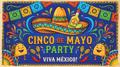 Cinco de Mayo Party Viva Mexico banner with tacos and tequila