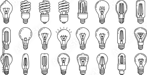 Technology and Energy Black and White Line Art Outline Icon Set: Diverse Light Bulbs Collection including Incandescent, CFL, and LED Lamps for Electricity Concepts.