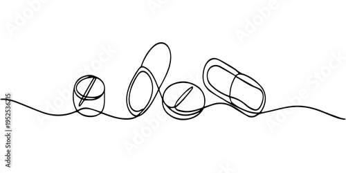 pills continuous one line drawing, Medicine Pills continuous one line drawing, Continuous one line drawing of tablets and capsules pharmaceutical drugs, medical supplies, Single line drawing medicine