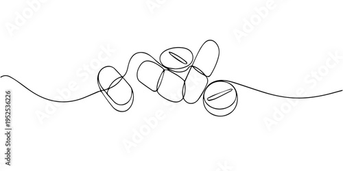 medical tablet continuous one line drawing, Editable continuous one line drawing medicine pill vector for minimalist pharmacy apps. Ideal for symbolizing clean medical drugs, sleek health, and care.