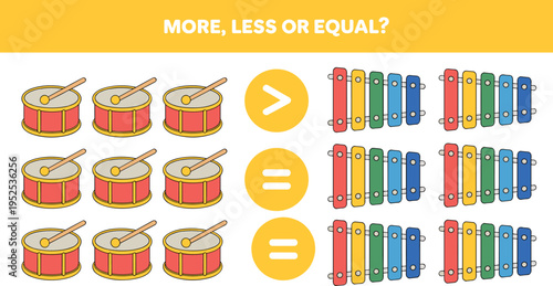 Educational math game for kids comparing quantities more less or equal with drums and xylophones vector illustration isolated on white