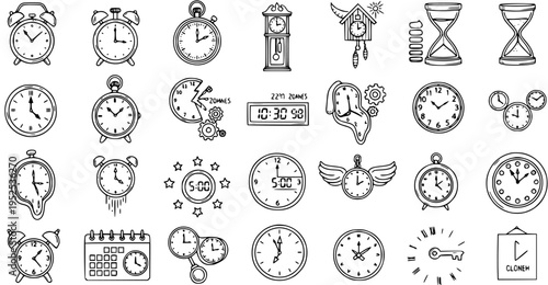 Hand-Drawn Black  White Line Art Icon Set: Diverse Clocks, Hourglasses, Calendars, and Time-Related Objects for Time Management  Scheduling Concepts